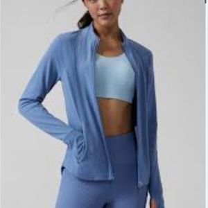 Athleta Salutation jacket in dusty blue.
